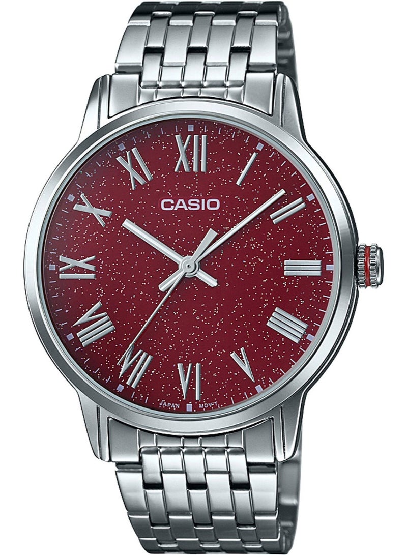 Analog Men’s Watch MTP‑TW100D‑5AVDF, 41 mm Red Dial, Silver Stainless Steel Bracelet, 50 m WR